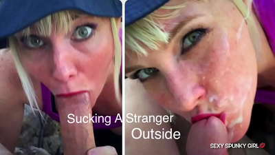 Soția șireată a prins un străin masturbându-se în parc, apoi îi suge scula: spermă pe față cu spermă pe stradă